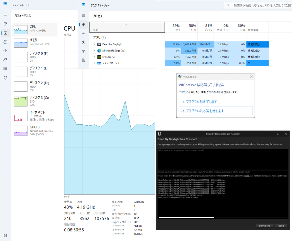 少し容量のあるオンラインゲームをしようとするとすぐクラッシュします 何かを買い換えたほうがいいのか 設定の問題なのか 何か月も試行錯誤してお手上げ状態です 詳しい方アドバイスをお願い致します ●はじまり：GTX770が認識しなくなったのでRTX4060に交換すると いつもできていたゲームがクラッシュするようになる さらにRTX3060に変更してもクラッシュ CPU.マザボ.OSもアップグレードするが直らない 低スペックのオンラインゲームやオフラインのゲーム、動画を観る分には問題無し ●PCスペック OS:windows11 CPU:AMD Ryzen 5 5500 GPU:RTX3060 マザボ:A520M-K メモリ：16GB SSD:空き容量114GB モニター：Acer KA240H 60Hz 電源：RS750-AMAAG1-JP V750 ●試したこと ・pcの初期化クリーンインストール ・ゲームの再インストール、ゲームファイルの修復 ・HDDやSSDの入れ替え ・directXやグラフィックドライバーの更新 ・グラフィック設定を下げる ・電源プランを高パフォーマンスにする ・オーバーレイ無効 ・管理者としてこのプログラムを実行する ・タスクマネージャで使用率の確認(全部使用率に余裕あり) ・NDIVAコントロールパネルの設定変更 垂直同期off等 ・GraphicsDriversレジストリ→DWORD (32-bit) Valueオプション→TDRLevel作成 ・ダウンロードキャッシュのクリア Fatal error: [File:D:\Jenkins\Gelato_HF2\Engine\Source\Runtime\D3D12RHI\Private\D3D12Util.cpp] [Line: 1215] CurrentQueue.Fence.D3DFence->GetCompletedValue() failed at D:\Jenkins\Gelato_HF2\Engine\Source\Runtime\D3D12RHI\Private\D3D12Submission.cpp:943 with error DXGI_ERROR_DEVICE_REMOVED with Reason: DXGI_ERROR_DEVICE_HUNG DeadByDaylight_Win64_Shipping {0x0000000000000000} + 66263348 bytes DeadByDaylight_Win64_Shipping {0x0000000000000000} + 66071206 bytes DeadByDaylight_Win64_Shipping {0x0000000000000000} + 66117561 bytes DeadByDaylight_Win64_Shipping {0x0000000000000000} + 66132960 bytes DeadByDaylight_Win64_Shipping {0x0000000000000000} + 66157455 bytes DeadByDaylight_Win64_Shipping {0x0000000000000000} + 60030375 bytes DeadByDaylight_Win64_Shipping {0x0000000000000000} + 60005745 bytes kernel32 {0x0000000000000000} + 190679 bytes ntdll {0x0000000000000000} + 916428 bytes