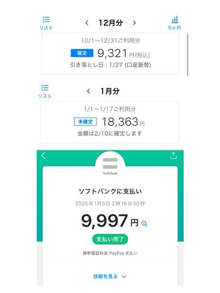 SoftBank PayPayでの携帯代支払いに関する疑問です！ 1月5日に漫画の課金をしようとして、携帯代と一緒に支払うつもりでしたが、誤ってPayPayで支払ってしまいました。 その際、PayPayに残高がなかったため、オートチャージで1万円分チャージしてしまいました。 普段あまりPayPayを利用しないため、どうしようか悩んでいたところ、携帯代にPayPayで支払えることに気づき、オートチャージした約1万円分をすべて携帯代に充てました。 しかし、12月分の携帯代に反映されておらず、1月分も未確定の状態で反映されていません。 この1万円はどのような状態になっているのでしょうか？1月分にはオートチャージした1万円のお支払いはあります。 どなたかわかる方がいれば教えていただけると助かります。