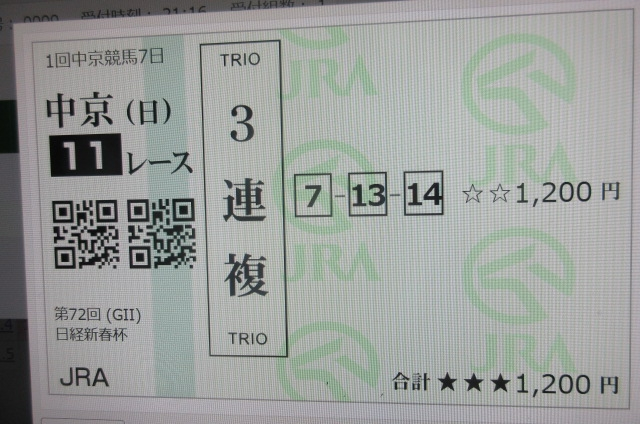 日経新春杯の買い目を発表いたします！ いたします（白目） 今回三連単3頭ボックスはやめて 三連複は1点で勝負いたします。 馬連・ワイド ⑦－⑬⑭ 金額はシークレット 軸は⑦ホールネスだが 1番複勝率が高そうなのは ⑭ショウナンラプンタだと思うんだよね。 だったら⑭複勝勝負しろと思うでしょうが そこが競馬のアレなんで。 いいかな？