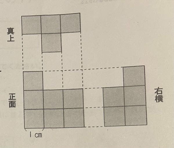 1辺1cmの立方体を、面と面がぴったりと重なるように積み重ねて立体を作りました。図は、この立体を正面、真上、右横から見た図です。これについて、次の問いに答えなさい。 （1） この立体の体積は何cmですか。考えられる体積のうち、最も小さに体積を答えなさい。 （2）この立体の表面積について ①考えられる表面積のうち，最も小さい表面積は何㎠ですか。 ② 考えられる表面積のうち、最も大きい表面積は何㎠ですか。 考え方と答えを教えてください。