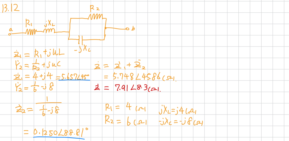 電気回路の問題です。 端子a-bから見たインピーダンスZ(.)を求めよ この問題が分かりません。画像のように解いたんですが答えと一致しません答えは赤です。 どこが間違ってますか？
