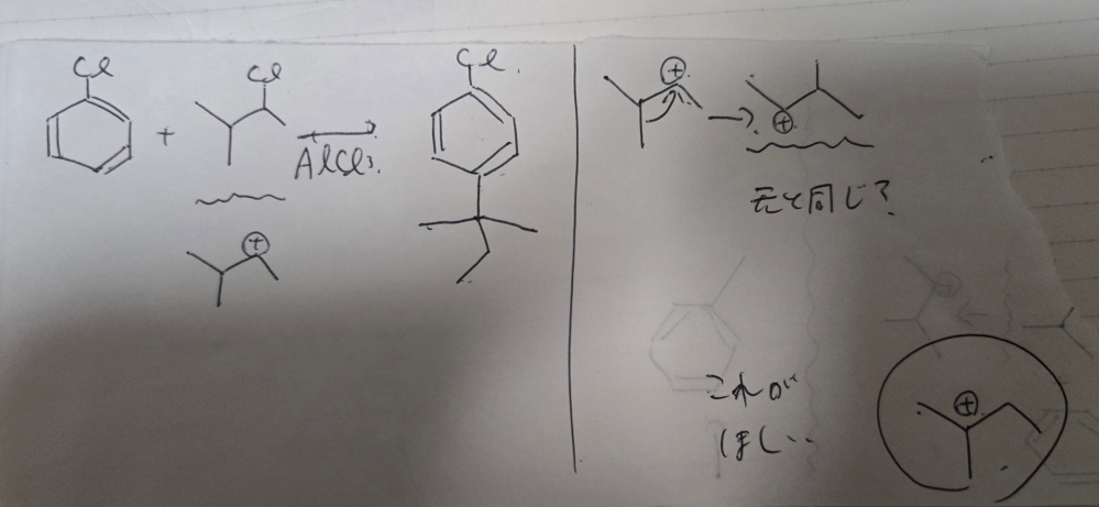 【有機化学】 転移について質問がございます。 画像左側に示したフリデルクラフツ反応ですが、自分では示すことができませんでした。 と言うのも、転移が起きているということはわかるのですが、画像右側に示したように、転移をしても形が変わらないようにおもいます。 模範解答のようであれば、画像右下に示したような、カルボカチオンが出来るはずなのですが、どのようにすれば示せるでしょうか。 どなたか教えていただきたいです。