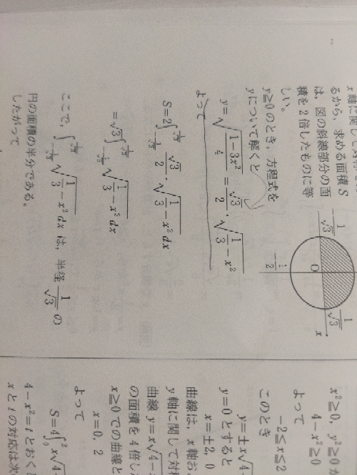 3x^2+4y^2＝1の面積を求めよ。という問題で、矢印の部分が分かりません。どうやってふたつに分けてるんですか？