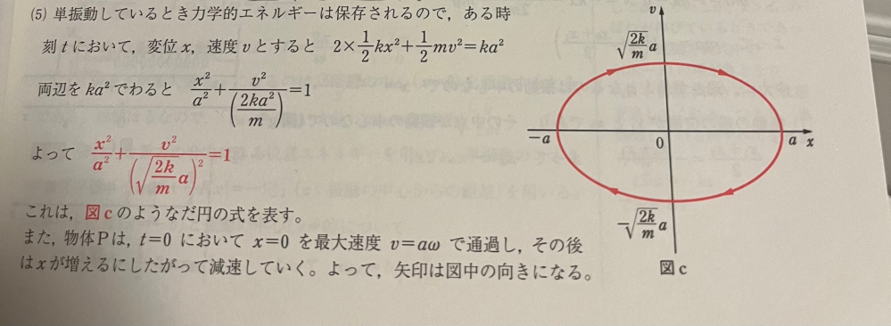 高校生物理 単振動についての質問です なぜ、この作図においてv軸の交点よりx軸の交点の方が長軸になるかがわかりません。 √2k/mが1より小さくならないとこうなりませんよね？ どなたか教えてください 写真1枚しか載せられないです、