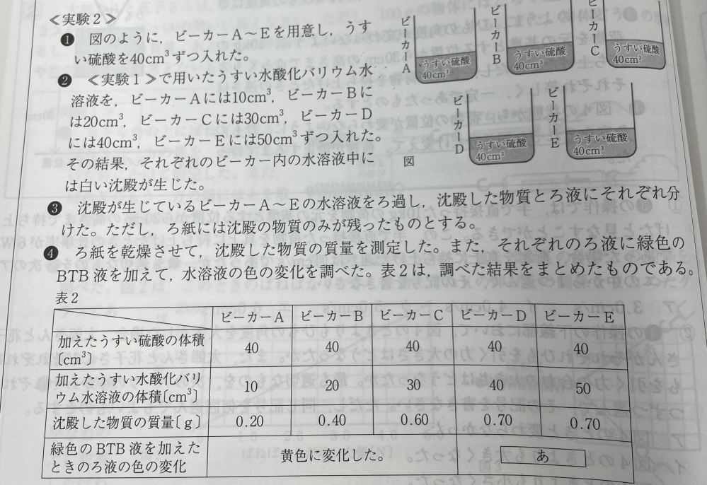 <実験2＞で用いたうすい磁酸40cm3にうすい水酸化バリウム水容液を加えて中性の水浴液にしたい。このとき加えるうすい水酸化バリウム水溶液の体積は何cm”か、求めなさい。 なるべく早く回答お願いします