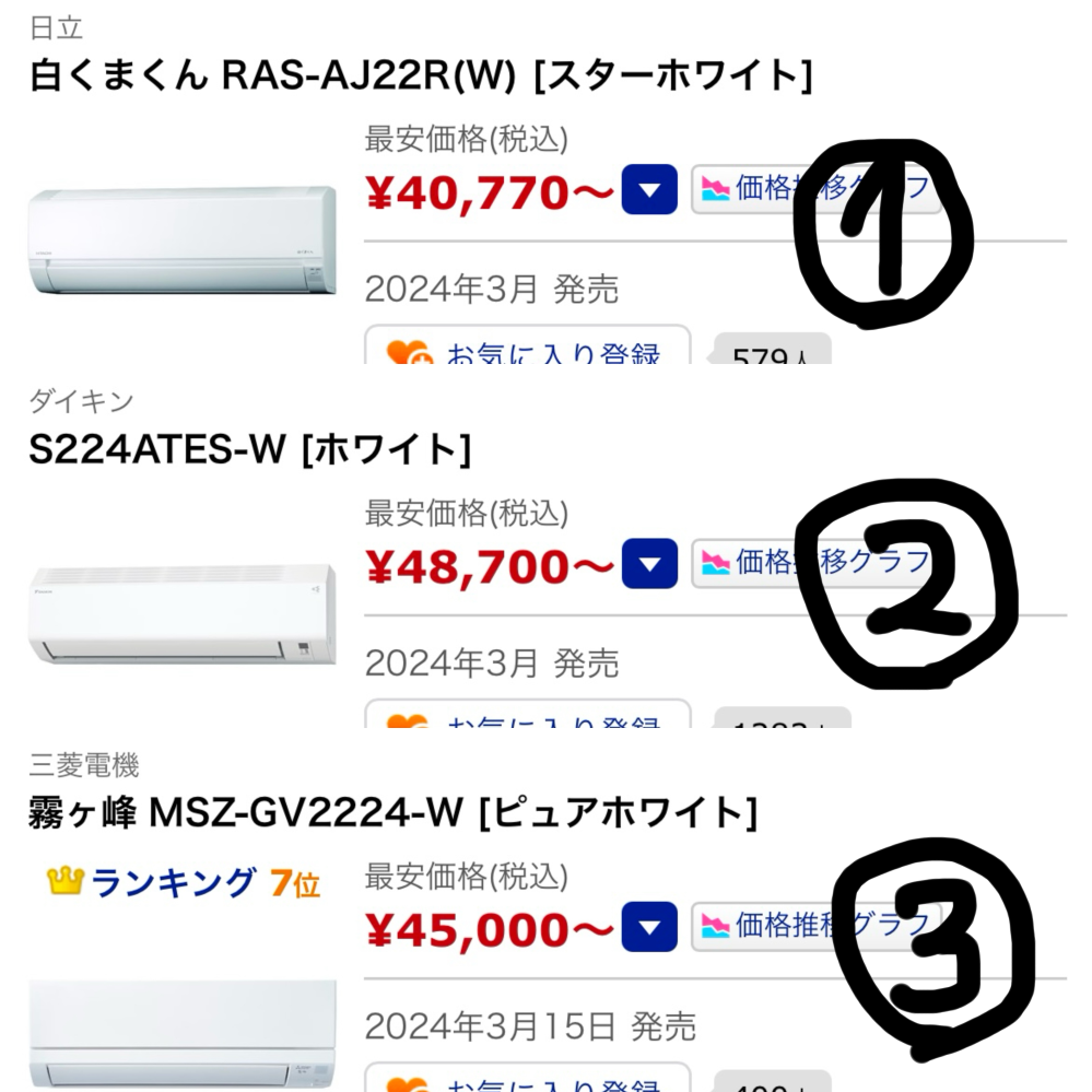 こんばんは！ 引越しに伴いエアコンを買うのですが 6畳のお部屋に置こうと思ってます この3つの中だったらどれが1番おすすめでしょうか？ 静かなのがいいです！