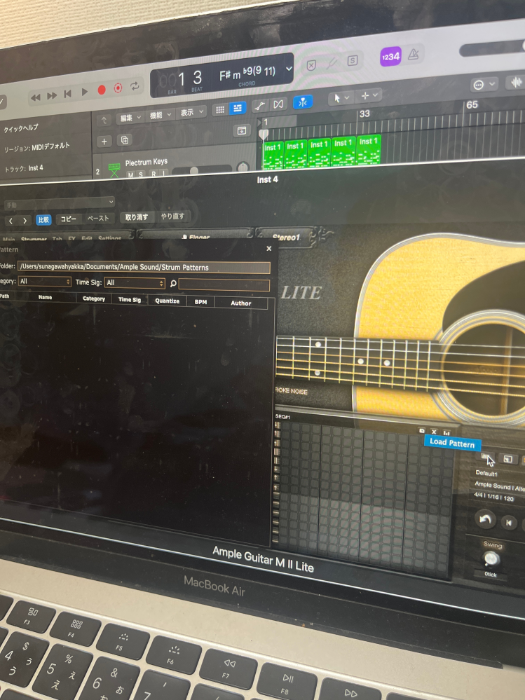 「ample guitar M Ⅱ lite」について２つ質問させてください。 logicユーザーです。 ①MIDIキーボードの音が出ない AU音源から起動させていますが、 画面のキーボード...