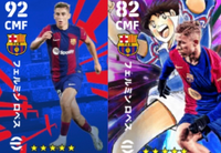 回答急募！eFootball2025について。 どっちのフェルミンロペスの方が強いですか？ 4-2-1-3ショートカウンターのOMFかCMFでの起用を考えています。 ①左画像•ポイント交換ハイライト ②右画像•キャプテン翼コラボ イーフト サッカー ゲーム バルセロナ