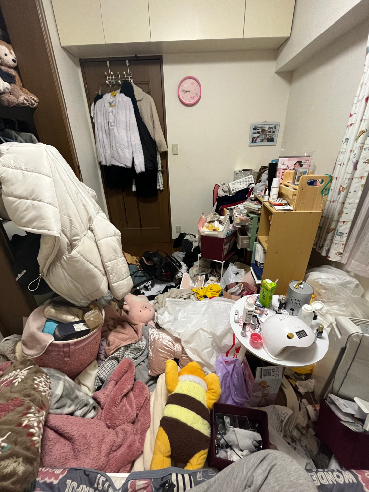 この部屋どうしたら綺麗になりますか？ 何度も片付けスイッチが入ってはぴかぴかになる直前まで行けるのに結局こうなります 片付けるたびにいらないもの捨ててるので、もう捨てれるものはパンの袋とかのほんとにいらないものばっかりだと思います。 1.物を捨てるのをできるだけ抑えて収納する方法 2.片付ける順番 3.片付けたあと散らからないようにする方法(便利な可愛い収納グッズがあったら嬉しいです)