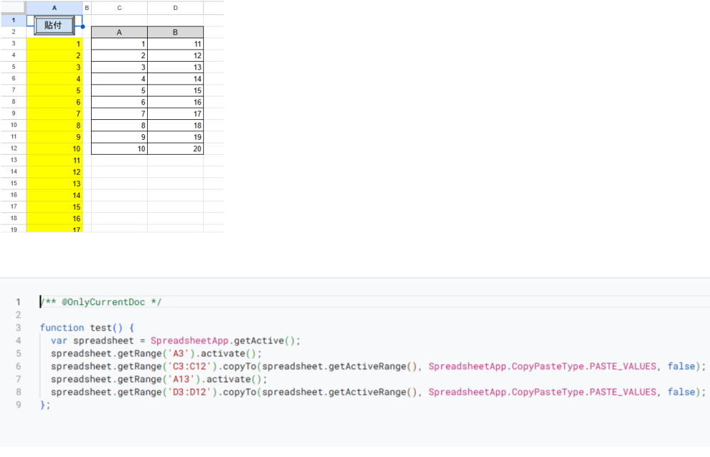 GAS初心者です。 下記の操作をしたい場合、どのように修正すればよろしいでしょうか。 まずＡ表の値を黄色塗りつぶし欄に貼付、その後、A表貼付の最終行以降へB表の値を貼付したいです。 マクロを記録してみましたが、「最終行」ではなく、「A13行目」に貼付となってしまいます。 A表の値の数が一定ではないので、このままでは上手く貼付できないのですが、 何か方法はないでしょうか。 ご回答お願いいたします。