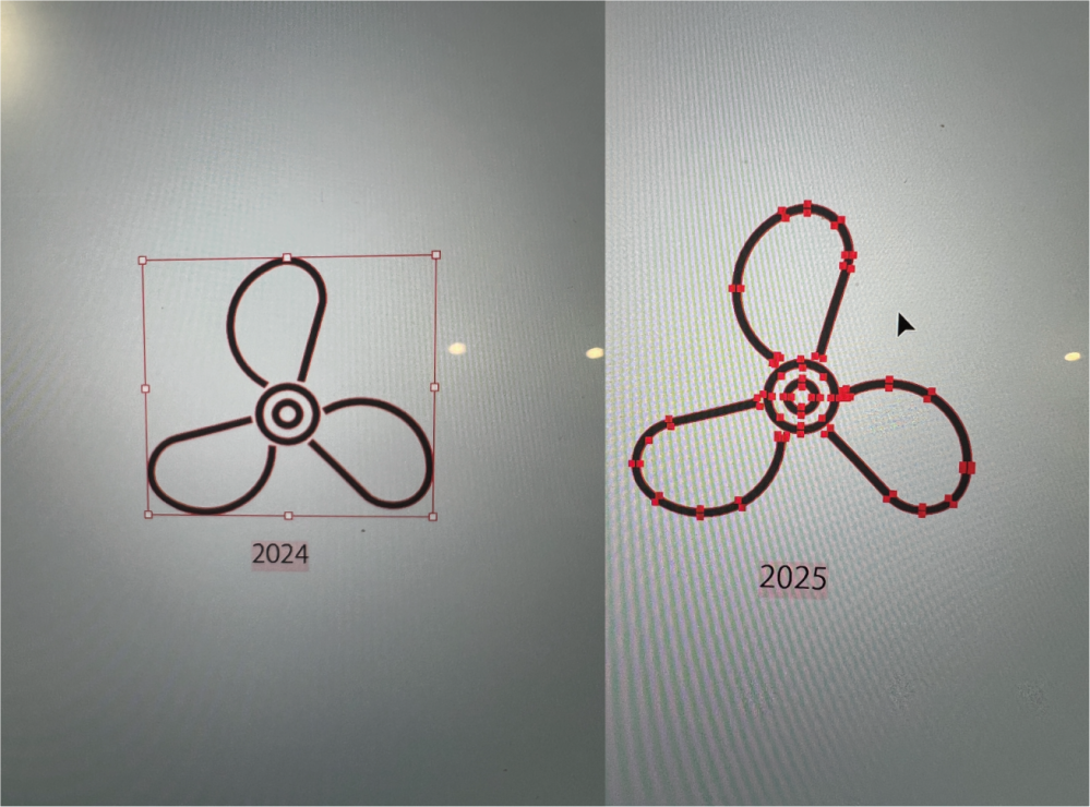 イラストレーター初心者です。 2024だと拡大縮小ができるのですが、2025だと拡大縮小する表示になりません。 うまく説明できないので画像を添付します。 やりたいことは、このプロペラを拡大したいのです。2024だと4角形みたいなのが表示されるのですが、2025だと出ません。どうしたら拡大縮小できますか？