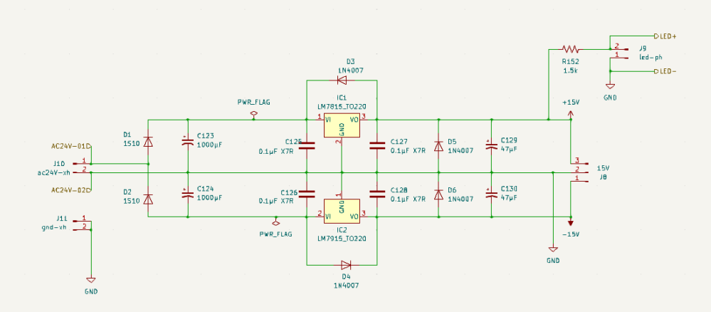 市販のAC18-24V程度のアダプターで作動する±15Vの両電源を作成しました。 これは問題なく作動してたのですが、トロイダルトランスを使った電源ボックスに変更しようと考え、下記のトランスを購入しました。 RS Pro トロイダルトランス， 1次：115 V ac， 230 V ac，2次：2 x 15V ac，電力：30VA https://www.monotaro.com/p/4127/8415/ こちらの記事を見ながら接続しようと考えたのですが、どうもセンタータップをGNDに繋げるのが不安でして、問題ないのかご教示いただきたく投稿させていただきました。 https://hayatofolio.com/power-supply-using-toroidal/ センタータップをどのように接続すべきかご教示いただけますと幸いです。 よろしくお願いいたします。