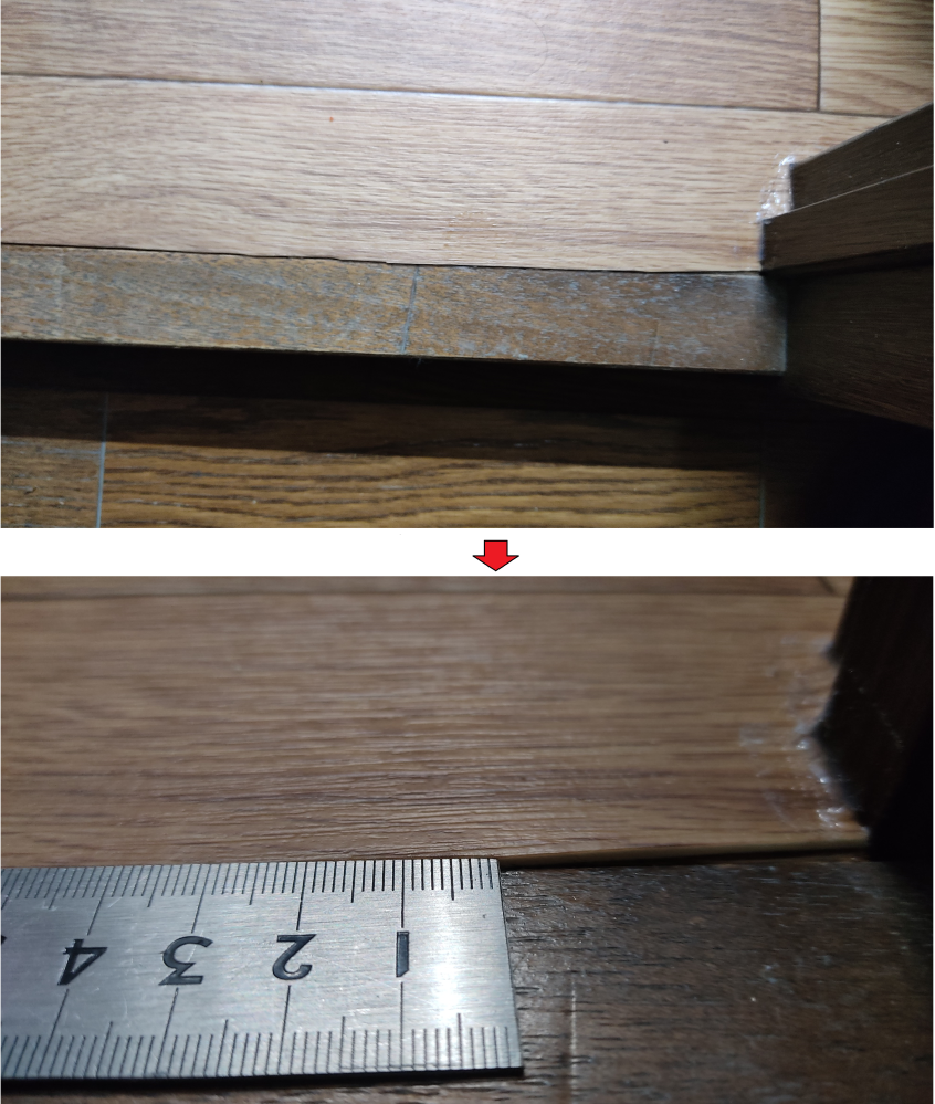 リフォーム後の手直しについて質問です。 先日、業者に依頼して、 洗面所の既存のフローリングにクッションフロアの上張りしたところ、 沓摺りの右にいくほど、クッションフロアの方が高くなっております。 （1番高いところで、1.5mm程度） また、沓摺りとクッションフロアの隙間も接着剤等で埋められておりません。 後日、業者に確認したところ 「ドア下枠と、フローリングと枠の差があまりなかったのと、 平行になってなかったのだと思います。 クッションフロアーの隙間を埋めるのに、 への字金物（アンバー色）２５㎜でカバーさせていただきたいです。」 との提案をいただいておりますが、 これ意外に費用を抑えたシンプル・綺麗な仕上がりとなる方法があれば 教授をお願いします。 もし、手直しついでに経年劣化で汚れた沓摺りのリペアも可能ならば あわせてその方法もご教授頂ければ幸いです。 よろしくお願いします。