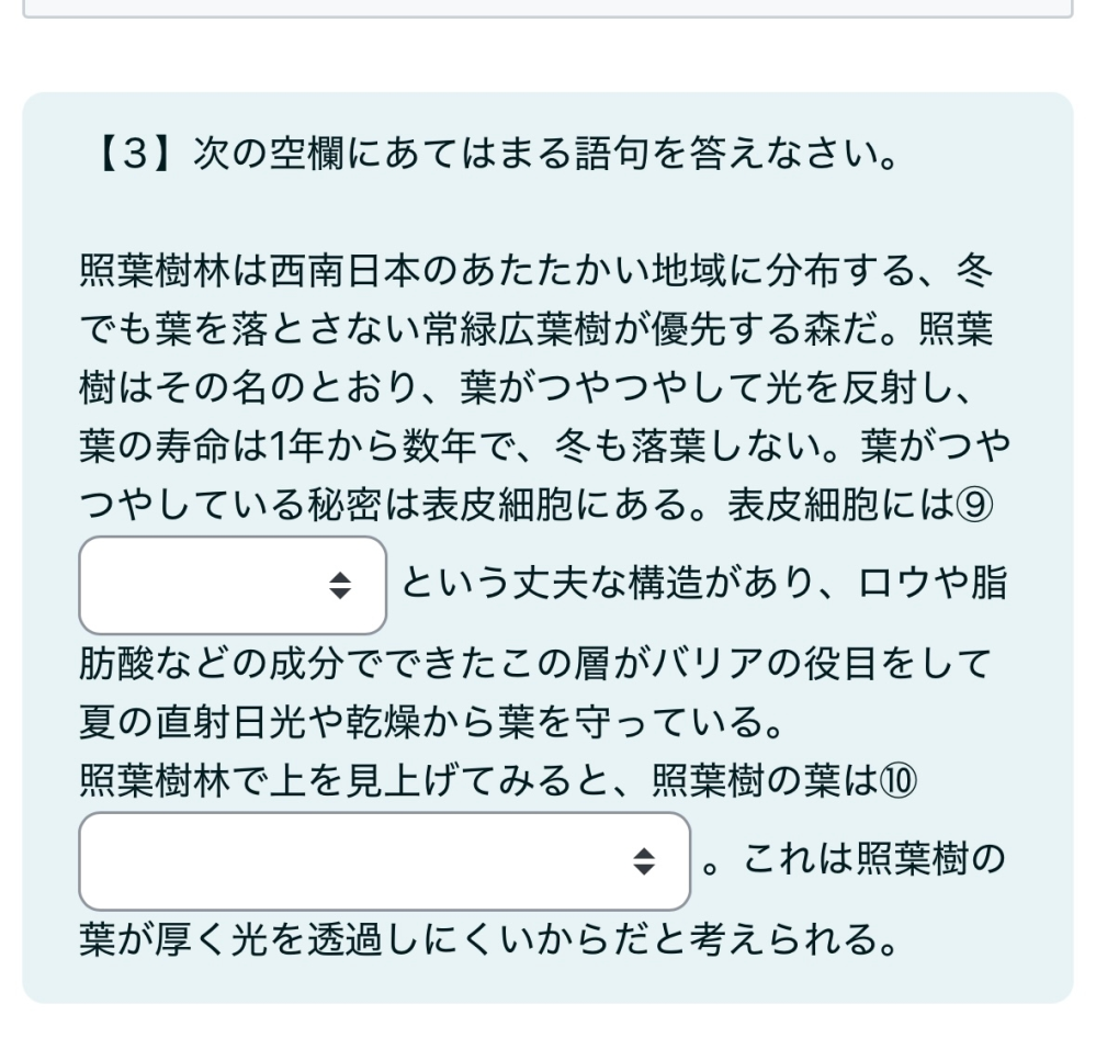 生物基礎の問題で、ここを解いてください ⑨の選択肢（クチクラ層、ハニカム層、気孔層、トラス層） ⑩の選択肢（ほとんど重なり合っていない、多層に重なり合っている、非常にまばらに存在する）