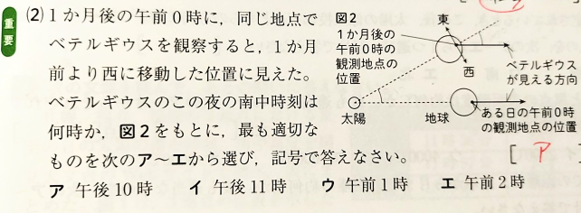 中学理科、星の移動についての問題です！ 記されている解説は、 1ヶ月後、ベテルギウスは真南より30°西へ移動して見える。星は1時間に15°回転するので30÷15=2[h] 午前0時の2時間前なので、午後10時となる。 です。詳しく教えてください！！