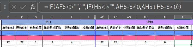 Excelの関数について質問です。 17時から22時までは日勤として働き、22時から28時まで夜勤をした場合 １時間休憩をとり、４時間＋６時間で１０時間になり残業時間の２時間をAJのセルに表示されるようにしたいです。 現在入力しているものではうまく動かなくて、調べてもわからずとても困っております。 今入力しているそれぞれのセルの関数は H5に=IF(F5="","",F5-E5-G5) I5に=IF(F5<>"",H5-MAX(J5,0),"") J5に=IF(F5="","",IF(H5-8<0,"",H5-8)) AH5に=IF(AF5="","",AF5-AE5-AG5) AI5に=IF(AF5<>"",AH5-MAX(AJ5,0),"") AJ５に=IF(AF5<>"","",IF(H5<>"",AH5-8<0,AH5+H5-8<0)) E～FとAE～AGまでは空白です AJもとい、今入力しているセルも変更する必要があればどのように入力したら計算できるようになるかご教示いただけないでしょうか…。 よろしくお願いします。