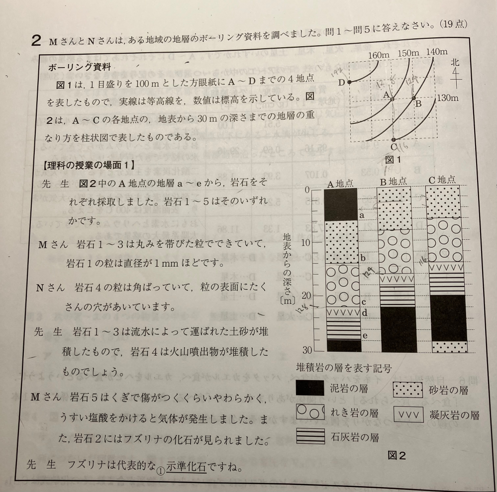 理科についてです。(地学) 【問題】 地点における地表から20メートルの深さまでの地層の重なり方を表す柱上図を図2の体積。岩の層を表す記号を使って、解答欄の図に書きなさい。 【解説】 D地点の地表面の標高は160m だから、この地点の凝灰岩の層の上の面の地表からの深さは（160-142=）18mである。よって、A地点の地表からの深さが4m～24mの地層の柱状図をかけばよい。 ↑の意味がわかりません。鍵層で標高も求めました。そこまでは行きました。 教えてください！