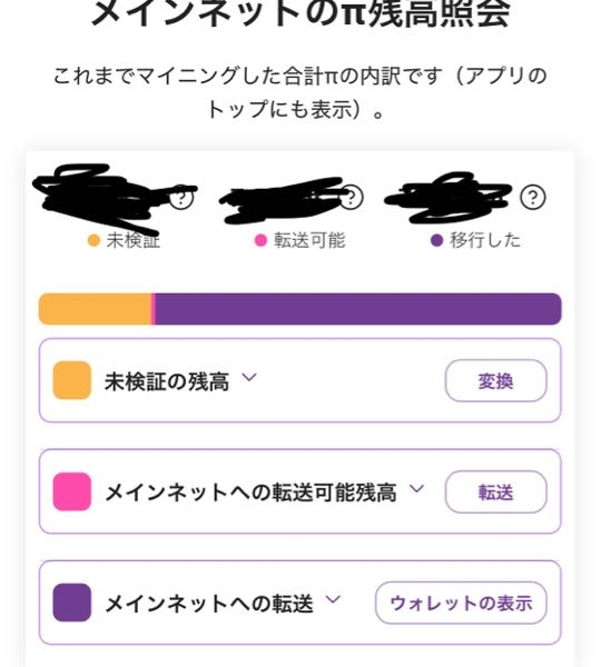 pi networkについて メインネットがローンチされたということで、自分の残高を再確認していたのですが、添付の「メインネットへの転送可能残高」について情報募集です。 メインネットチェックリストは全てオールグリーンで完了しており、1回はメインネットへの転送を完了してます。転送済みの値で、ロックアップ残高を除いた値がウォレットの方で利用可能残高へも反映されています。今回みたところメインネットへの転送可能残高があるので、2回目の転送を試みたのですが、転送ボタンを押してもメインネットチェックリスト（オールグリーン）へ画面遷移し、やり方がわかりません。調べても、chatgptに聞いても2回目の転送方がわからなく、分かる方いらっしゃれば情報いただけると助かります。 よろしくお願いします。