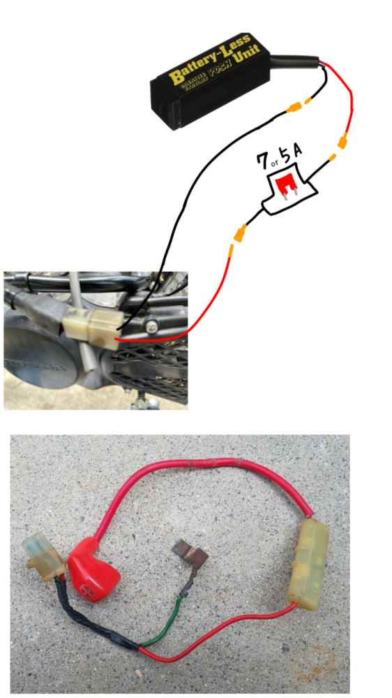 NS-1前期のバッテリー電装についてです。 購入した車体がバッテリーレスになっており、下の純正バッテリーハーネスが無い状態でしたが、メインハーネス側のカプラーはのこっていたため、下の写真を参考に配線図を作図したのですが、これだけで従来の電装に直流電流が流れるのでしょうか？