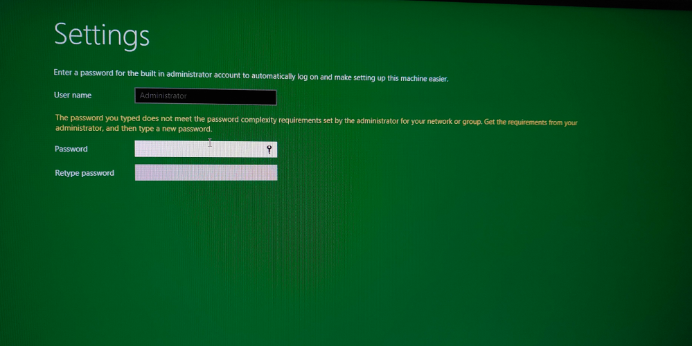 windowsについてです。 webarchiveで配布されているwindowsdeveloperpreviewのwindows8build8102のセットアップをしようとしたところ、パスワードを設定する画面でこのようなエラーが出て先に進めません。これは一体どういう事なのでしょうか？ 配布元: https://archive.org/details/windows-developer-preview-64bit-english