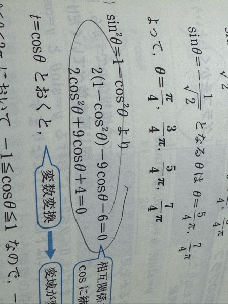 上の式が-2cos^2θ-9cosθ-4=0になるのはわかるんですが、下の式が全てプラスになる理由を教えてください。多分方程式の基礎だと思いますが