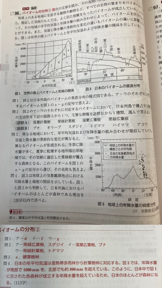 生物基礎について質問です。 植生とバイオームの単元で、画像の問4の、日本列島のバイオームのほとんどが森林である理由について述べる問題が分かりません。 解答には、「年降水量が南部で約1000mmを、北部でも約800mmを超えている。」とありますが、グラフのどこを見たら南部と北部がわかるのでしょうか、、？ 良ければ教えて欲しいです。