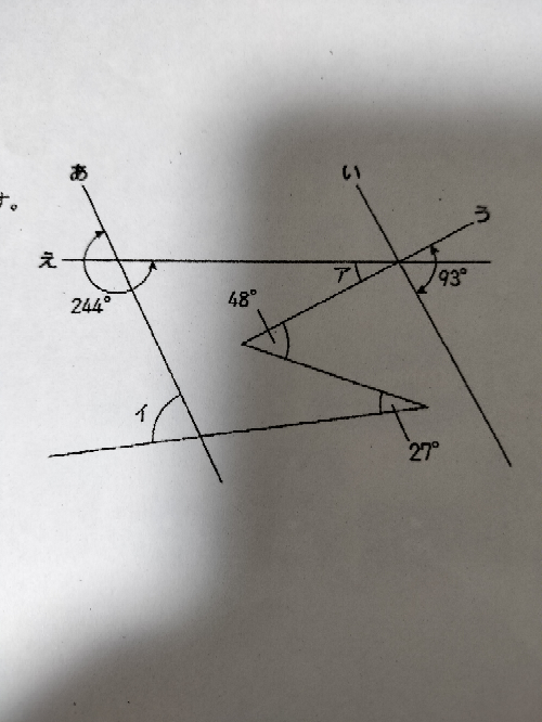 小学生4年生の角度の問題です。 あの線といの線が並行です。 アとイの角度を求めるのに なるべく簡素な方針で教えるのに良い方針を教えてください。