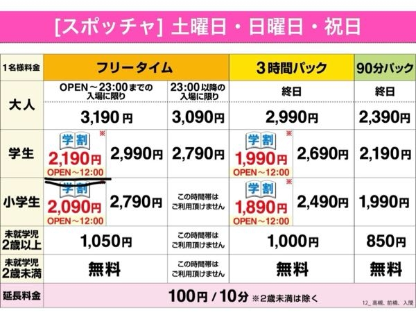 スポッチャについてです。 これってオープンから12時までに入場すれば学割使えるってことですよね？