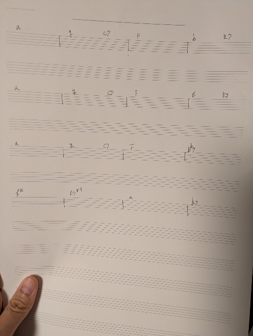 【MuseScore空白コード譜面】 ジャズのコピー譜をよく作るのですが、コードや小節数は繰り返しなので、MuseScoreで、下の写真のように空白の小節とコードだけ入れた五線譜を作り何ページも印刷し、そこに手書きで書き込みをしたいのですが、このような「空白譜面」はMuseScoreでできますでしょうか。 （下の写真は五線を1段おきに飛ばして書いていますが、本当はもちろん1段ずつ上げる必要はないです） MuseScoreでいじってみたところ ・空白小節が可能かわからない（休符が入ってしまう） ・「1段、4小節」に均等にしたいが、やり方がわからない。 などが困りました。 もちろん、手書きしたものをコピーするのが良いかもしれませんが、自宅のスキャン機もあまり良いものではないので、印刷濃度の設定など意外とうまくいかないことがあり、アプリでできないかなと思いました。 わかる方いましたらご教示いただけると幸いです。