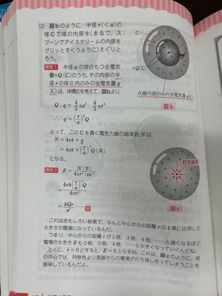 質問失礼します。 参考書で、このように球内に一様に分布した電気は中心から距離の一乗に比例すると説明があります。 この式から関係性はわかるのですが、イラストで矢印が内側に働いて打ち消し会うと言うのがよくわかりません。電場は外に矢印が出ているのになぜ内側に向いているのでですか？また、なぜ距離が遠くなると打ち消し合っていた電場が大きくなるのですか？（式からわかるという回答以外でお願いします）