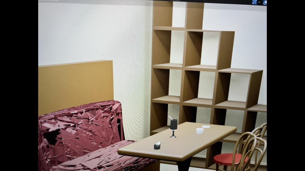 blenderについて質問です！ 作っている時は普通なんですけど、レンダリングすると画像のように椅子が増えたり、ソファがギザギザになったりしてしまいます。直し方がわかる方いたら教えてください！！