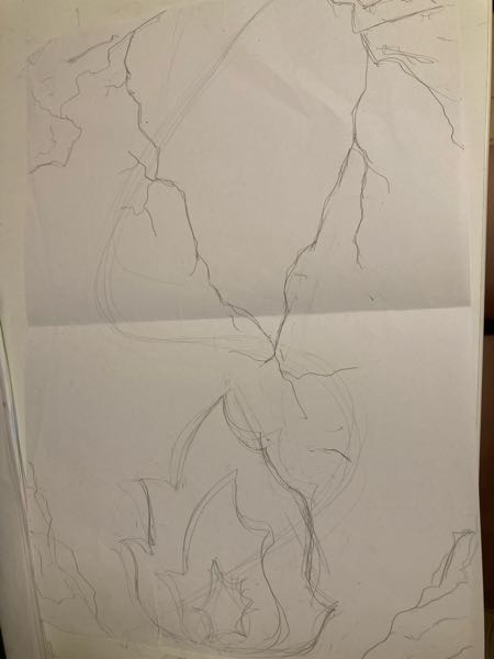 この絵のS時の部分になにか描きたいんですけど何がいいと思いますか？空想の世界なので、海の中に火があってそこに主役となるなにかを描きたいです！