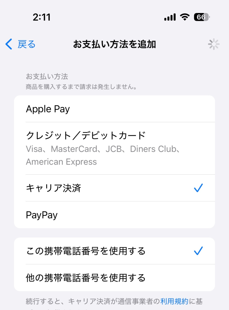 iPhoneの支払い設定のキャリア決済が追加できませんずっとこ