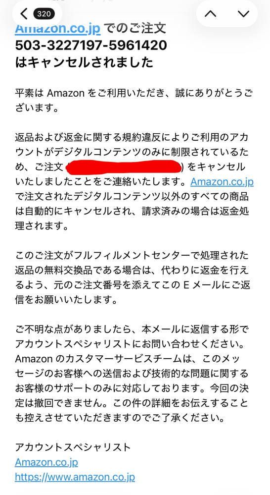 先日Amazonから返品および返金に関する規約違反によりご利用の