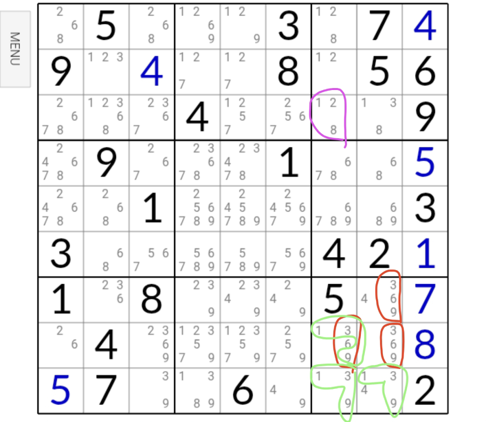 数独（ナンプレ）についてです。赤丸の部分(3,6,9)が三国同盟になると