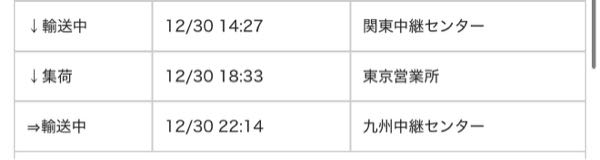 佐川急便の配達日について数点質問です。 今現在画像の状態(九州中継センター)なのですが、 これは九州についているということでしょうか？ 元々の到着予定日が1/3〜4との事ですが、 ここからが長いんでしょうか。 年末年始を挟むので配達がそもそも行われないのかなとも思うのですが、早く届いてくれたら嬉しいなと思っていて 詳しい方教えていただきたいです(ノд・。) ※福岡県住みです。