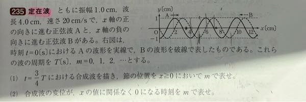 高校物理 2番では半周期ごとに全ての点で0になるらしいのですが意味がわかりません。T=0.2sなので半周期は0.1です。速度20よりAとBが2cm進みます。 Aの山がx=2、Bの谷がx=5にあるので半周期後、Aが4 Bが3になり重なりません。 また、仮に半周期で全て0になるなら答えは0.075+0.1mなんですが0.075いらなくないですか？半周期ごとにで全て0となると解答に書いていたのでそこで終わりでよくないですか