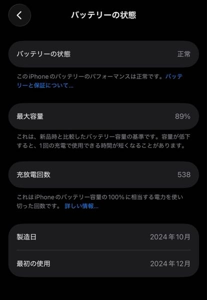iPhone16proのバッテリー最大容量と充放電回数について使用し始め