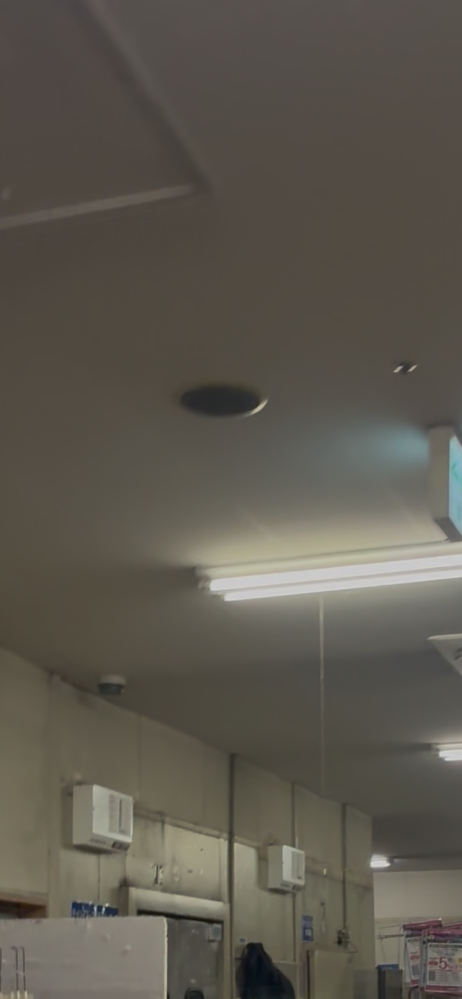 スーパーバックヤード天井についてます。黒い円形の物は 防犯カメラ、監視カメラですか？