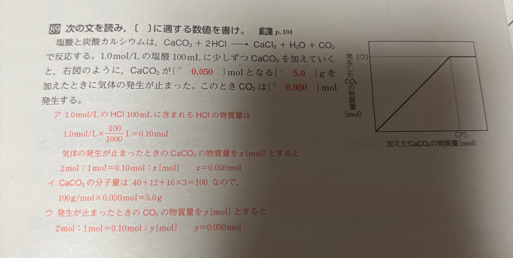 大至急です。化学基礎についてです。塩酸と炭酸カルシウムの反応で画像の問題を解いているのですがさっぱりわかりません。解説を見てもわからないです。 100/1000Lの1000はどこからでてきたのでしょうか？