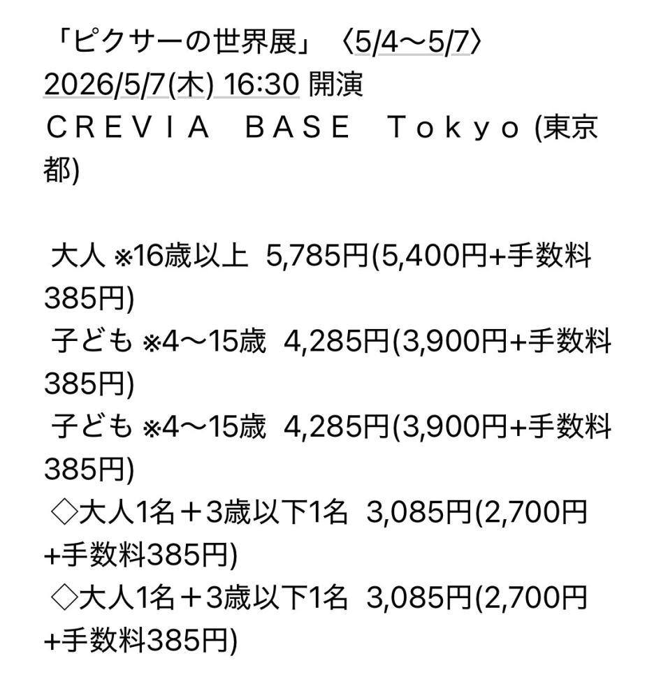 ピクサー展のチケットについて質問です。5/7に大人2人、小学生2人、0歳 