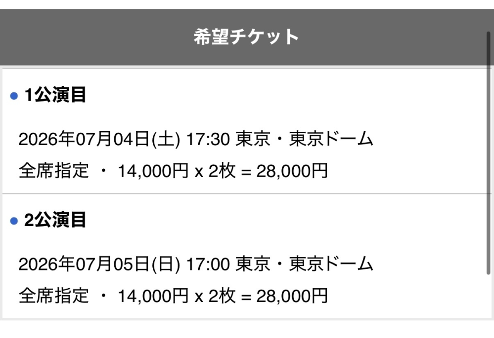 TOP4の東京ドーム公演について、以下の写真のように、同時に2公演分 