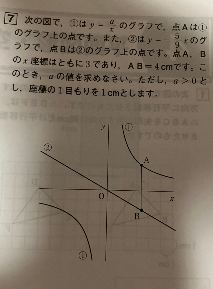 中1数学の比例反比例について質問です！ この問題の回答には A(3,a/3),B(3,−5/3)であり、AB=4cmだから a/3−(−5/3)=4 a/4+5/3=4 a+5=12 a=7 と書いてありました。しかし、AB=4cmなら4=a/3−5/3にはならないのでしょうか？「a/3−(−5/3)=4」になる理由を教えてください。