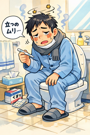 この、便器に座っているたかしクン（絵の青年）はどんな様子でしょうか