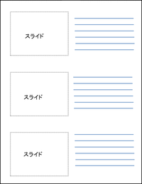 パワーポイントのスライドの横にノートのような罫線をつける方法はありますか？ パワーポイントで作成したスライド数十枚があります。

図のようにスライドの横に書き込めるノートのような線を作りたいです。

その上で、可能であれば、そのノートの箇所にパソコンで字を打ち込めると嬉しいです。

数枚であれば手作業でやろうと思ったのですが、枚数が多すぎるので…

他のソフトを使用する方法で...