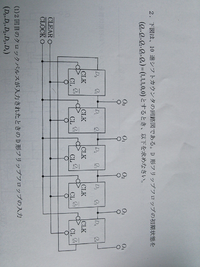 写真は、10進シフトカウンタの回路図です。D形フリップフロップの初期状態を(Q0,Q1,Q2,Q3,Q4)=(1,1,1,0,0)とするとき、以下を求めて欲しいです。 1)2回目のクロックパルスが入力されたときのD形フリップフロップの入力(D0,D1,D2,D3,D4)

2)４回目のクロックパルスが入力されたときの10進シフトカウンタの出力(O0,O1,O2,O3,O4)