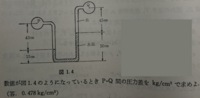 水理学(流体力学)の問題で、差動圧力計(マノメータ)についての計算問題です。 問題.図1.4のような差動圧力計で、それぞれの数値が図のようになっているとき、P-Q間の圧力差をkg/cm^2で求めよ、というものです。

少し調べてみて、水の密度ρ_w=10^-3(kg/cm^3),重力加速度g=981(cm/s^2),水銀の比重を13.6として、マノメータ底面について圧力のつり合いの式を立...