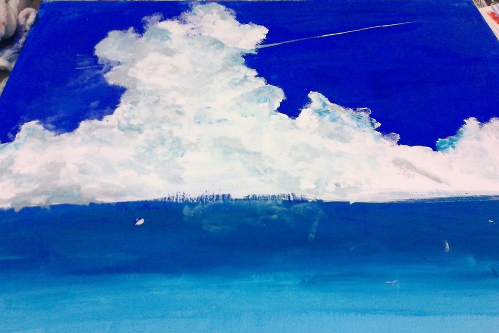 中学生です。自由研究に絵を描いているのですが、水面の下塗り、空