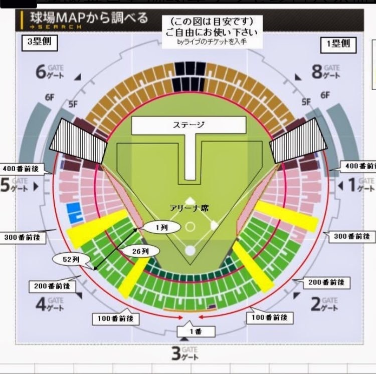 ヤフオクドームの8ゲートは実際に入ると席が削られていて、チケット