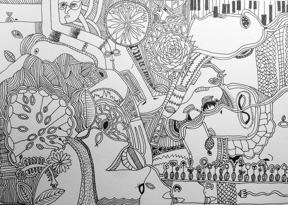 抽象アクリル画 黒と白のコントラスト 彼岸花 中学二年生作画